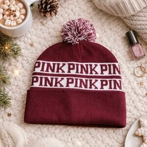 VS Pink Maroon White Pom Pom Beanie